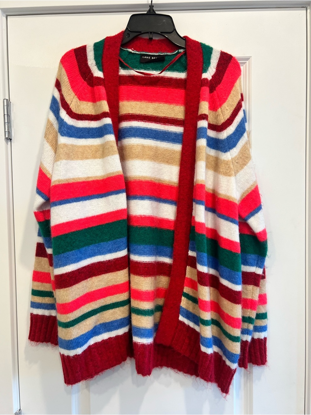Lane Bryant Red Multi-Color Striped Open Cardigan